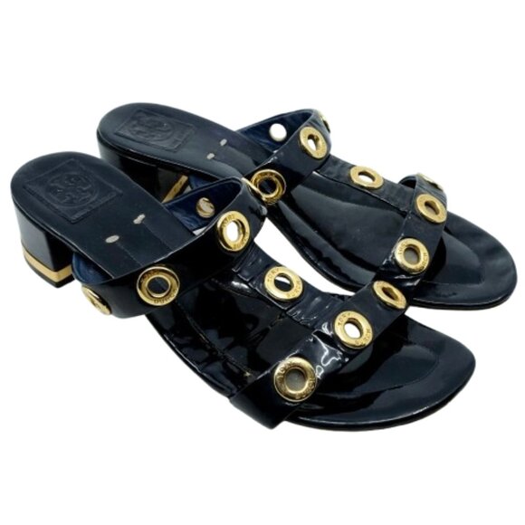 TORY BURCH~Kathryn Grommet~BLUE PATENT LEATHER MID HEIGHT BLOCK HEEL SHOES SZ 11 - Picture 6 of 8